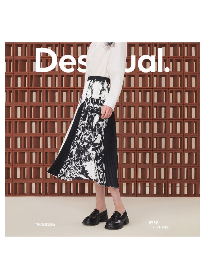 DESIGUAL black And White Patch Print Pleated Elastic Waist Long Midi Skirt - Image 3