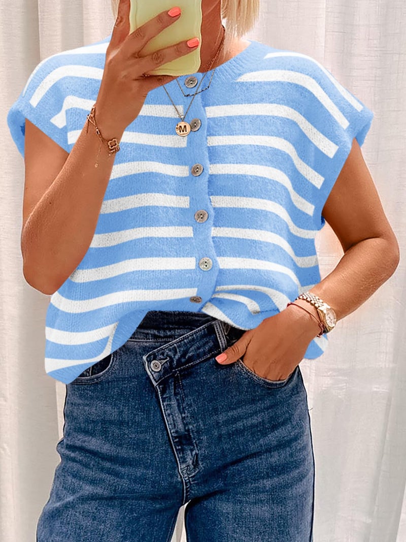Cicy Bell Womens Striped Cap Sleeve Sweater Vest Crew Neck Button Down Cardigan Cute Knit Tops Blue - Image 3