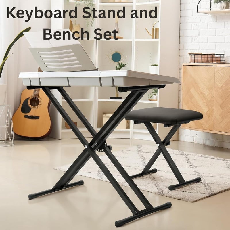 Device Of Urban Infotech طقم حامل لوحة المفاتيح والمقعد - حامل لوحة مفاتيح بيانو بإطار X مزدوج مع مقعد مبطن، قابل للتعديل وقابل للطي، مقعد بيانو لحامل البيانو للاستخدام المنزلي، الاستوديو، المسرح والمبتدئين - Image 3