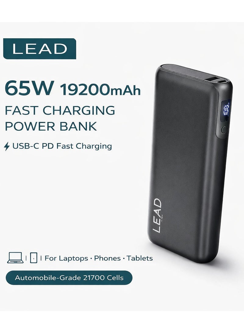 LEAD 65W PD Fast Charging Power Bank (DL202G) 19200mAh – Portable High-Capacity Battery Pack with Dual USB-C & USB-A Output, Automobile-Grade 21700 Cells – Gray - Image 1