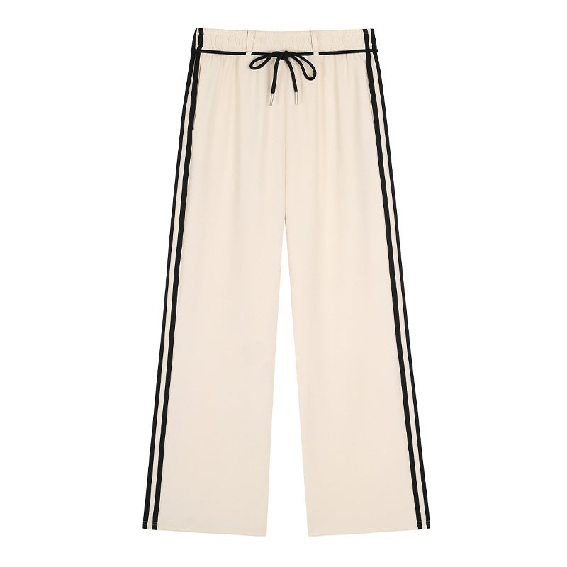 Korean High Waist Striped Tie Casual Pants Plus Size Autumn Winter Slimming Apricot 