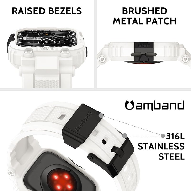 amBand 46mm for Apple Watch Series 11/10 Band Case Men, M1 Sport Rugged Heavy Duty Cover Tactical Strap Military Grade Protective Bumper Protector for iWatch 46 mm Men - White - Image 2
