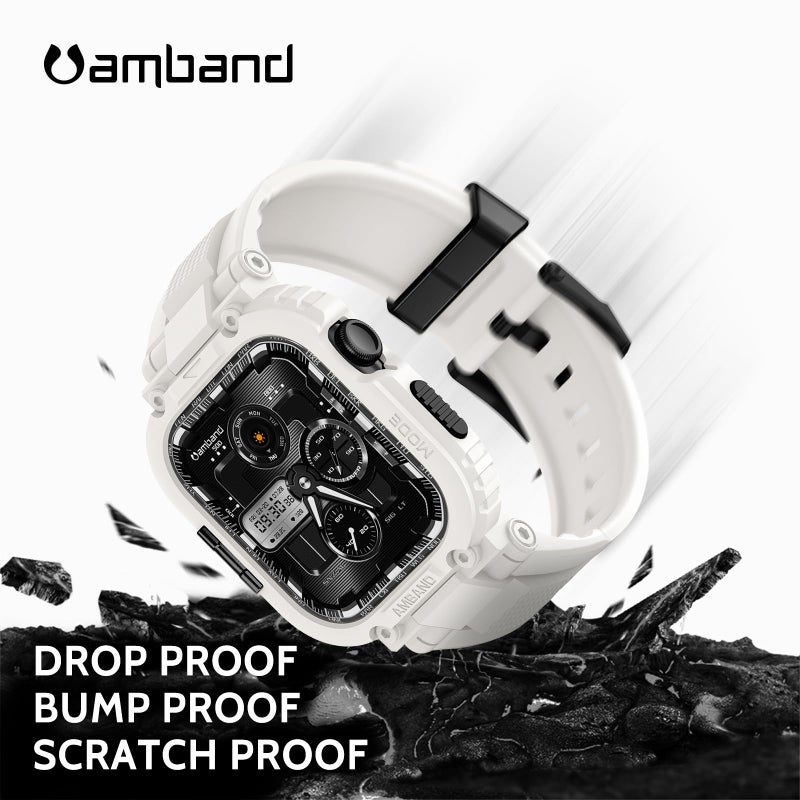 amBand 46mm for Apple Watch Series 11/10 Band Case Men, M1 Sport Rugged Heavy Duty Cover Tactical Strap Military Grade Protective Bumper Protector for iWatch 46 mm Men - White - Image 3