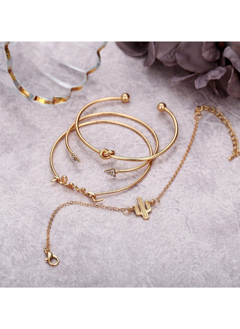 Huitich - Trendy 4-Piece Minimalist Bracelet Set Gold Plated Alloy & Crystal - Image 1