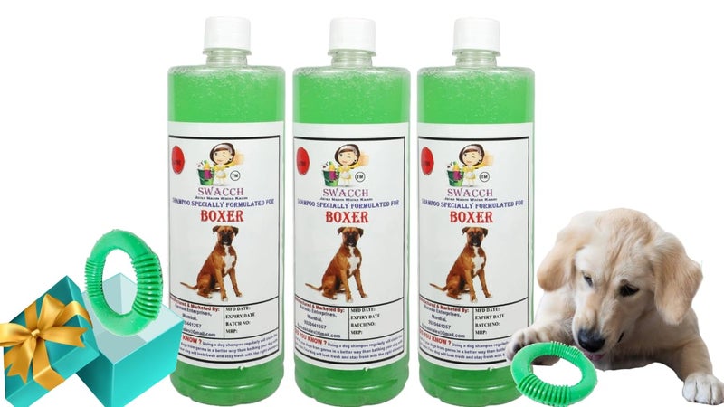 swacch Shampoo | Puppy Safe Shampoo | PH Balanced | Boxer Dog Shampoo 1 Litre Pack of 3 Neem Alovera + | O PVC Ring Rubber Chew Toy | Teething Chew Toy I Dental Teething I Durable I Combo Pack - Image 1