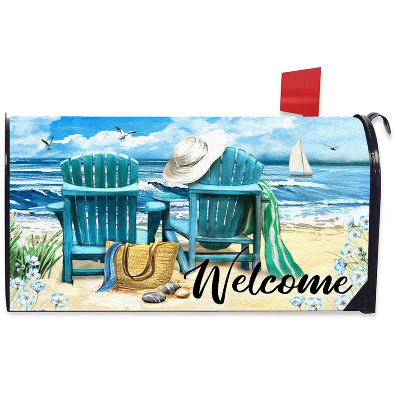 FBCOO FBCOO Welcome Summer Sea Beach Mailbox Cover Magnetic Standard Size 205 x 18 Ocean Seagull Sailboat Chairs Decorative Post Letter Box Wrap Decor Coastal Nautical Garden Yard Outdoor Decoration 