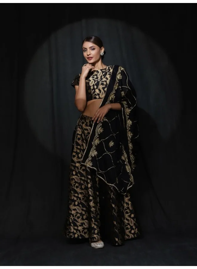 أيه كيه إس Black &amp; Gold Jacquard Zari Work Lehenga Choli With Dupatta
