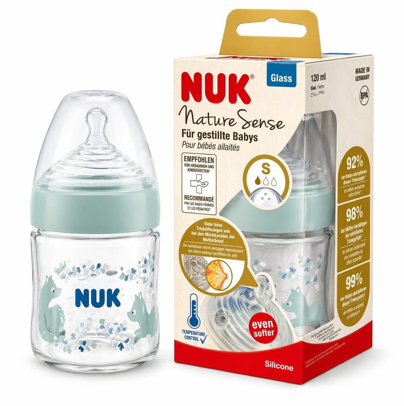 نوك رضّاعة أطفال زجاج NUK Nature Sense الألمانية – مصنوعة من الزجاج عالي الجودة – 120 مل – حلمة سيليكون S تحاكي الرضاعة الطبيعية – مضادة للمغص – مؤشر حرارة – BPA Free –  متعددة الألوان - Image 1