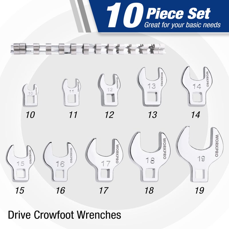 WORKPRO 3/8" Drive Crowfoot Wrench Set, 10-Piece Metric Crowfoot Wrench with Clip-on Organizer, 10-19mm, Great for Automotive Repair Work Hard-To-Reach Areas - Image 3
