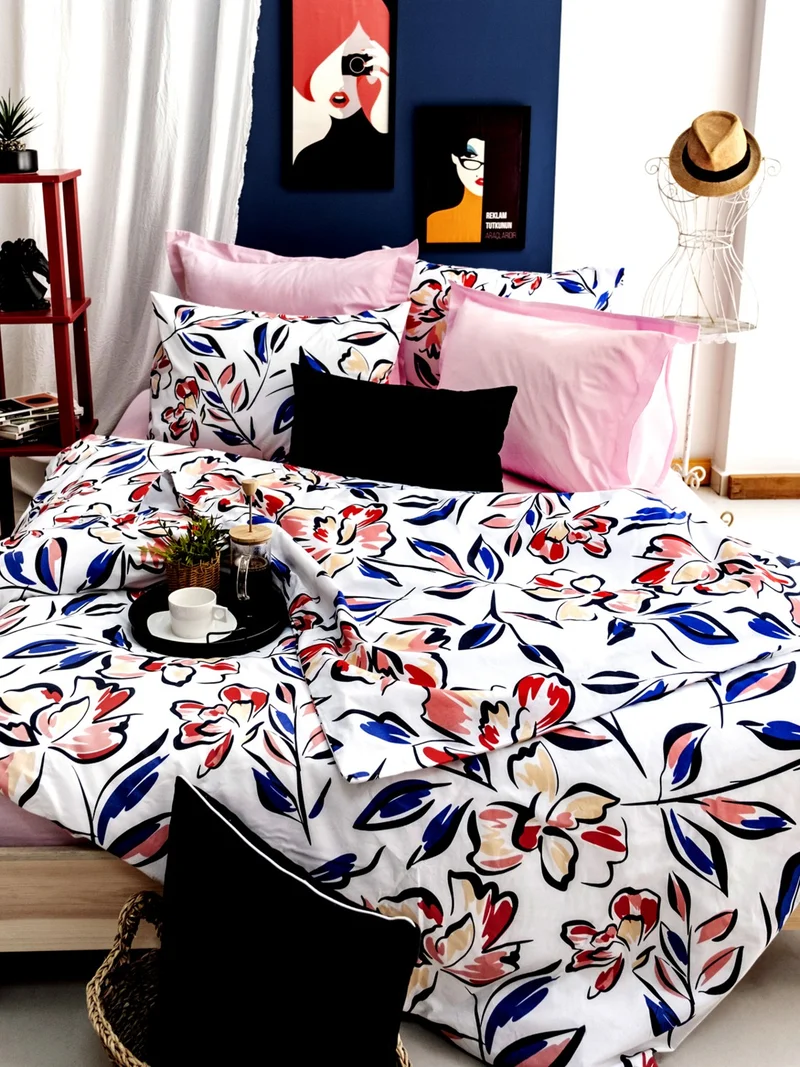 Caqqa Sheet Elastic Cotton Lily Double Duvet Cover Set