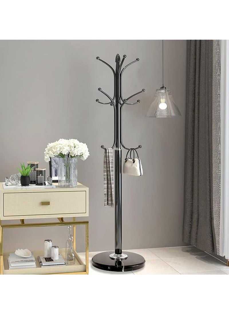 Jorunb - Coat stand Standing coat rack metal coat rack modern clothes rack with 12 hooks natural marble base for scarves bags jackets hat hangers in the entrance area (Black) - Image 1