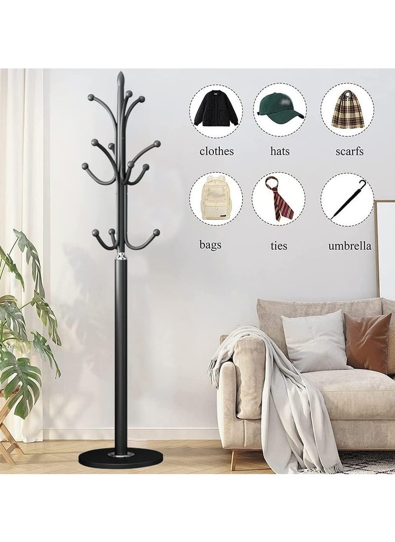 Jorunb - Coat stand Standing coat rack metal coat rack modern clothes rack with 12 hooks natural marble base for scarves bags jackets hat hangers in the entrance area (Black) - Image 1
