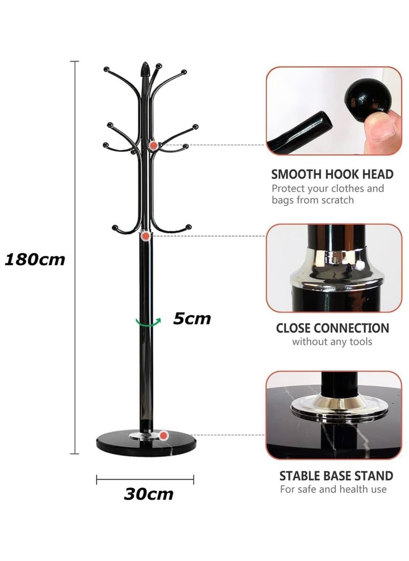 Jorunb - Coat stand Standing coat rack metal coat rack modern clothes rack with 12 hooks natural marble base for scarves bags jackets hat hangers in the entrance area (Black) - Image 1
