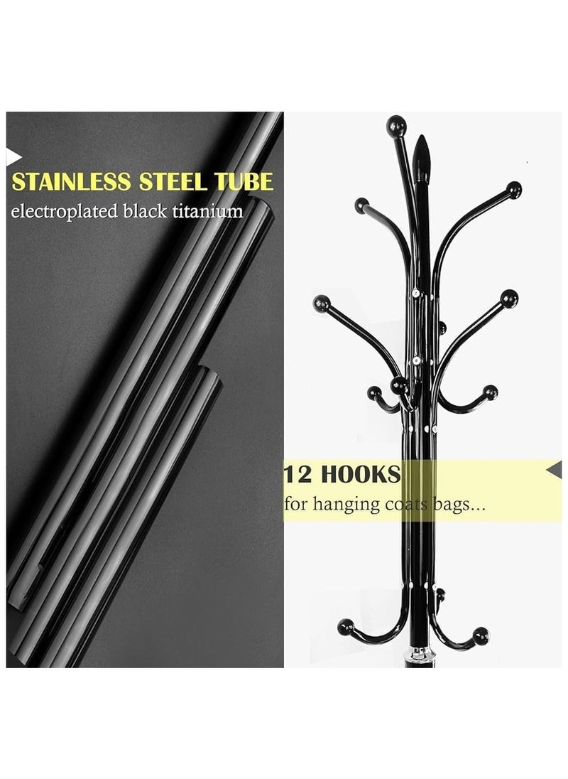 Jorunb - Coat stand Standing coat rack metal coat rack modern clothes rack with 12 hooks natural marble base for scarves bags jackets hat hangers in the entrance area (Black) - Image 1