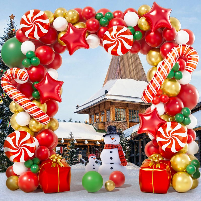 AobkDeco 151PCS Christmas Balloon Garland Arch Kit with Red White Golden Dark Green Balloons Candy Foil Balloon Candy Cane Balloon Gift Box Balloon Star balloon for Christmas Party Decorations - Image 3