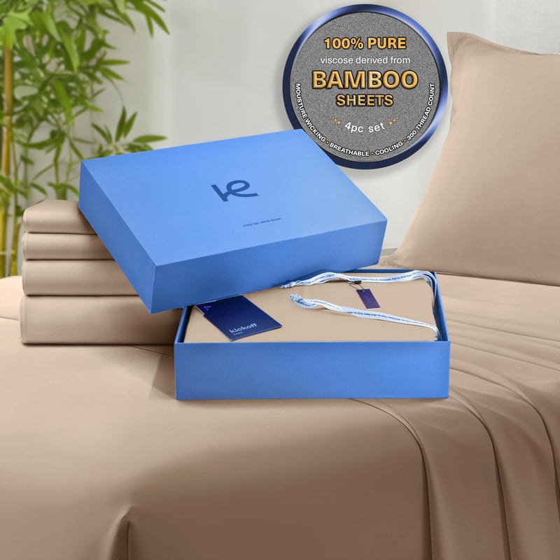 Kickoff Home Kickoff Viscose Bamboo Sheets King Size 4-pc 100% Organic Bamboo Viscose Bed Cooling Sheets King Size Set Cool Bedding for hot Sleepers Sheet, Flat, Fitted, Pillowcases (Taupe Latte,K) - Image 1