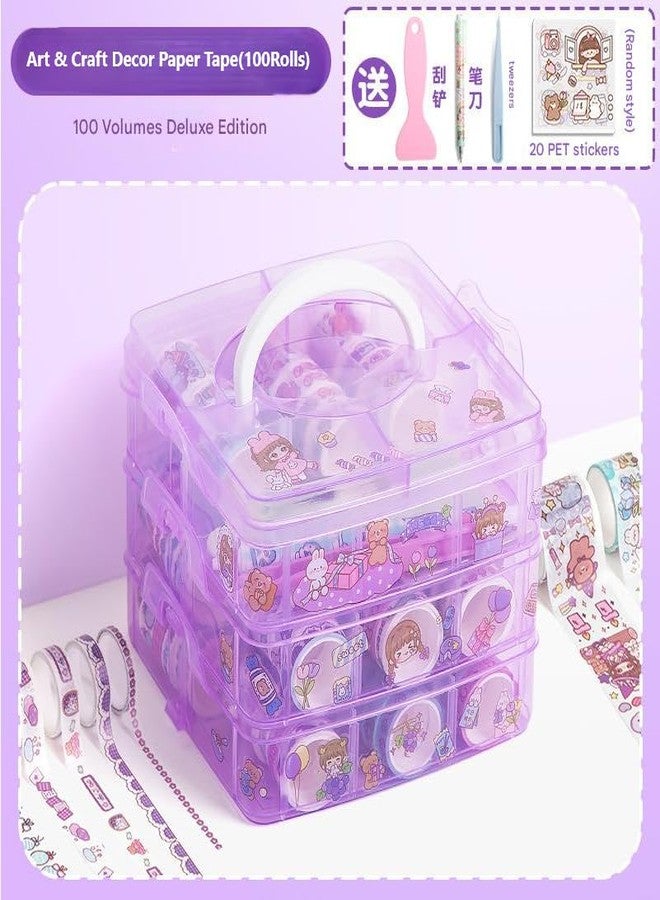 HARSHTI 100Pcs Decorative Paper Masking Tape With 20Pcs Kawaii Sticker And Tweezer, Spatulas And Pen, Art & Craft Decorative Sticker Masking Tape Kids School Project Décor Colourful Washi Tape ,30 Mm - Image 3