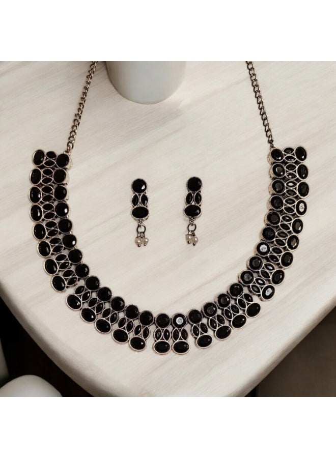 Pretty Precious 807801 -Pretty Precious Traditional Oxidised Silver Necklace Jewellery Set with Earrings, Boho Afghani Style, for Women-Black - Image 2