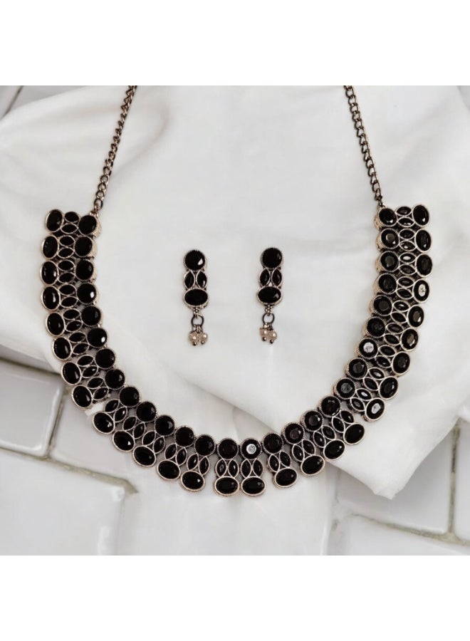 Pretty Precious 807801 -Pretty Precious Traditional Oxidised Silver Necklace Jewellery Set with Earrings, Boho Afghani Style, for Women-Black - Image 4