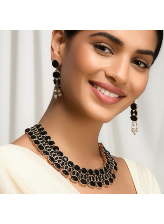 Pretty Precious 807801 -Pretty Precious Traditional Oxidised Silver Necklace Jewellery Set with Earrings, Boho Afghani Style, for Women-Black - Image 1