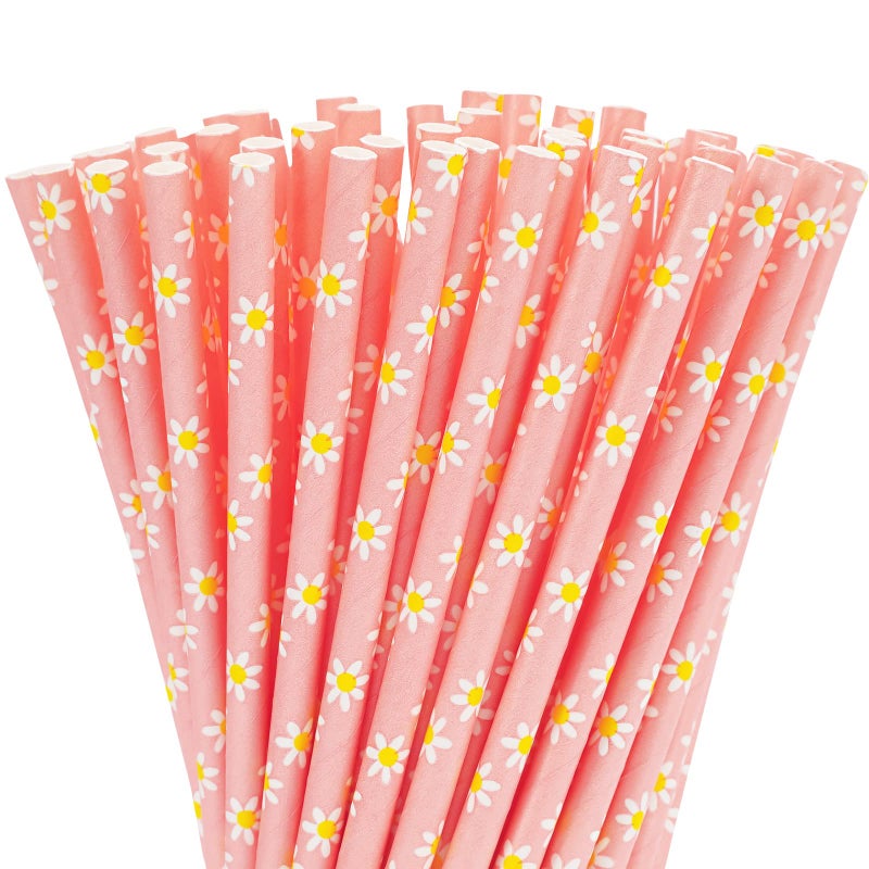 Whaline Waline 100Pcs Daisy Flower Drinking Straws - Pink Flowers Disposable Paper Straws for Spring Birthday Baby Shower Party Supplies Juices Shakes Cocktail Decoration - Image 1