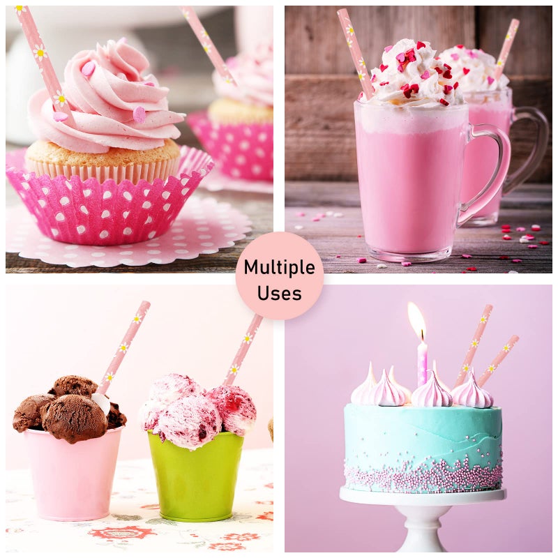 Whaline Waline 100Pcs Daisy Flower Drinking Straws - Pink Flowers Disposable Paper Straws for Spring Birthday Baby Shower Party Supplies Juices Shakes Cocktail Decoration - Image 4