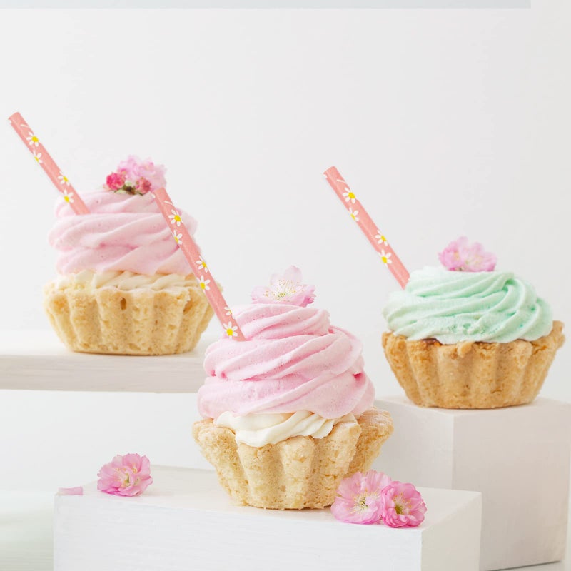 Whaline Waline 100Pcs Daisy Flower Drinking Straws - Pink Flowers Disposable Paper Straws for Spring Birthday Baby Shower Party Supplies Juices Shakes Cocktail Decoration - Image 5