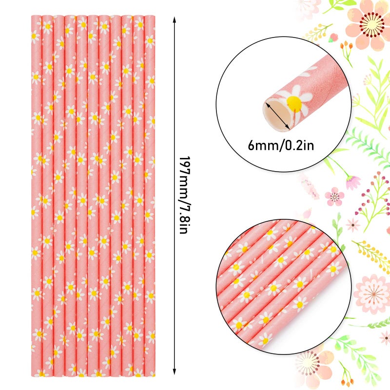 Whaline Waline 100Pcs Daisy Flower Drinking Straws - Pink Flowers Disposable Paper Straws for Spring Birthday Baby Shower Party Supplies Juices Shakes Cocktail Decoration - Image 2