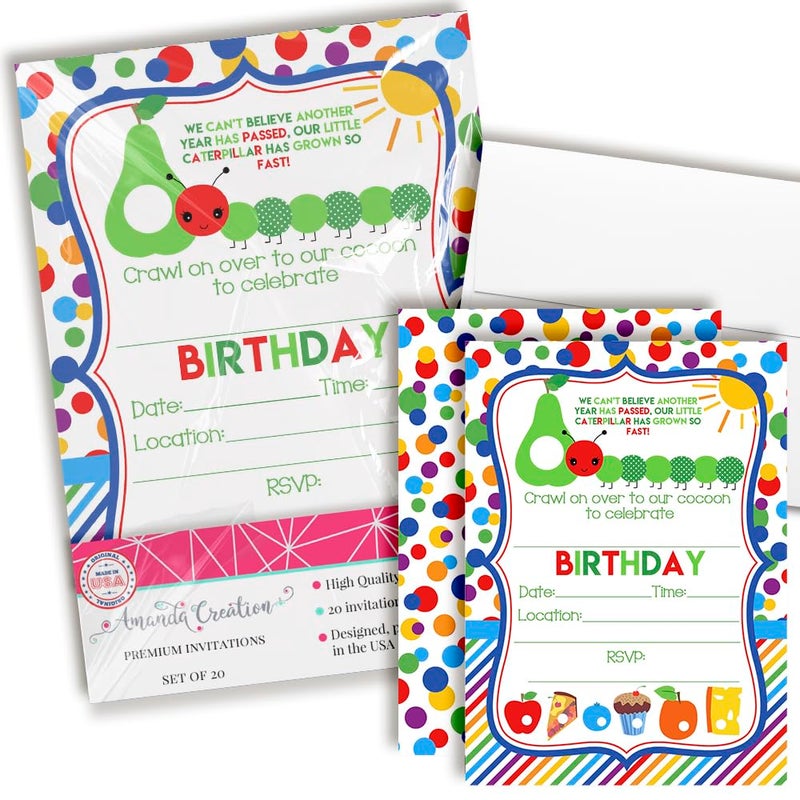 Happy Hungry Caterpillar Themed Birthday Party Invitations 20 5x7 Fill In Cards with Twenty White Envelopes by AmandaCreation