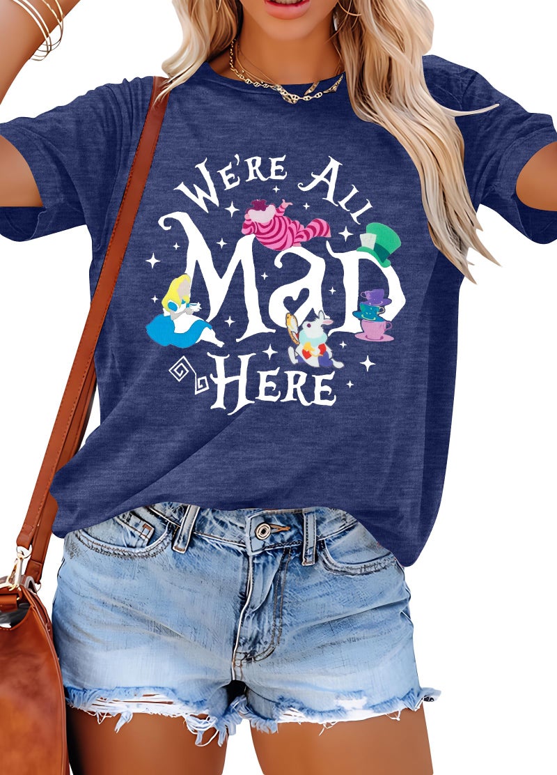 BANGELY Magical Shirt Women Magic Princess T-Shirt We're All Mad Here Fairy Graphic Shirts Vacation Party Casual Short Sleeve Top Blue - Image 1