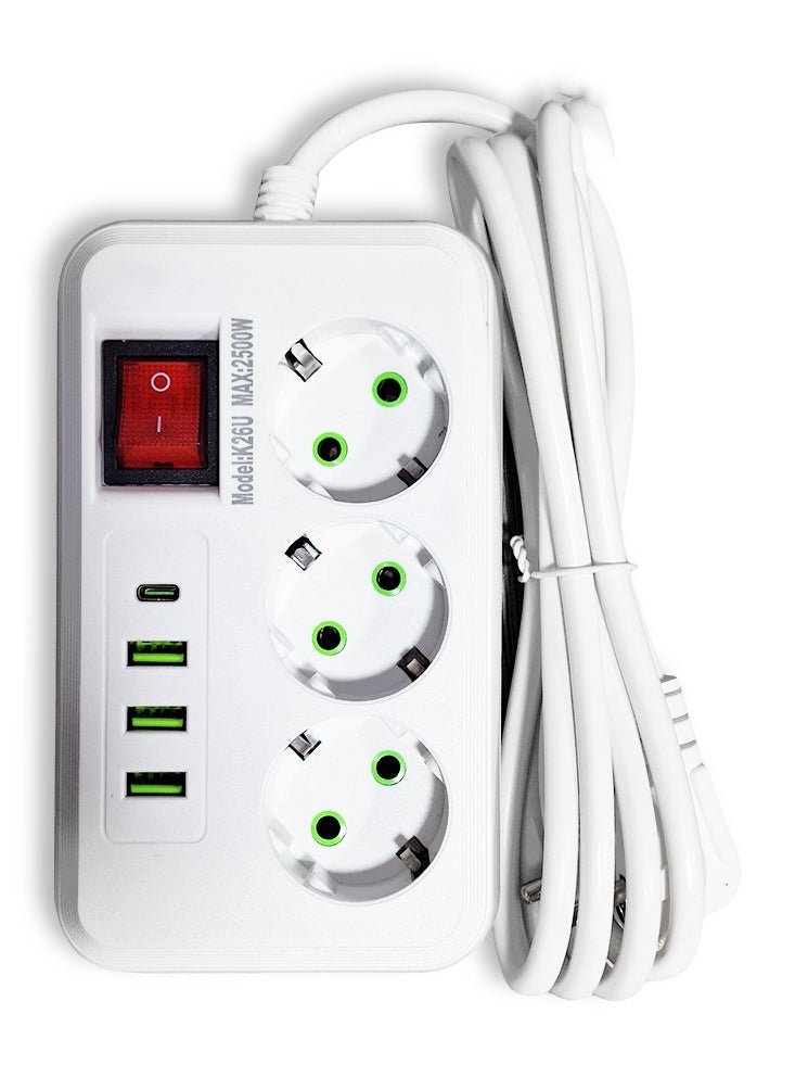 Generic K26U Safe Power Strip, 2500W Multi-Outlet Extension with 3 Power Outlets, 3 USB Ports, and a Type-C Port, Fast Charging and Surge Protection, Stylish and Safe Design in White, Ideal for Home and Office  - Image 1