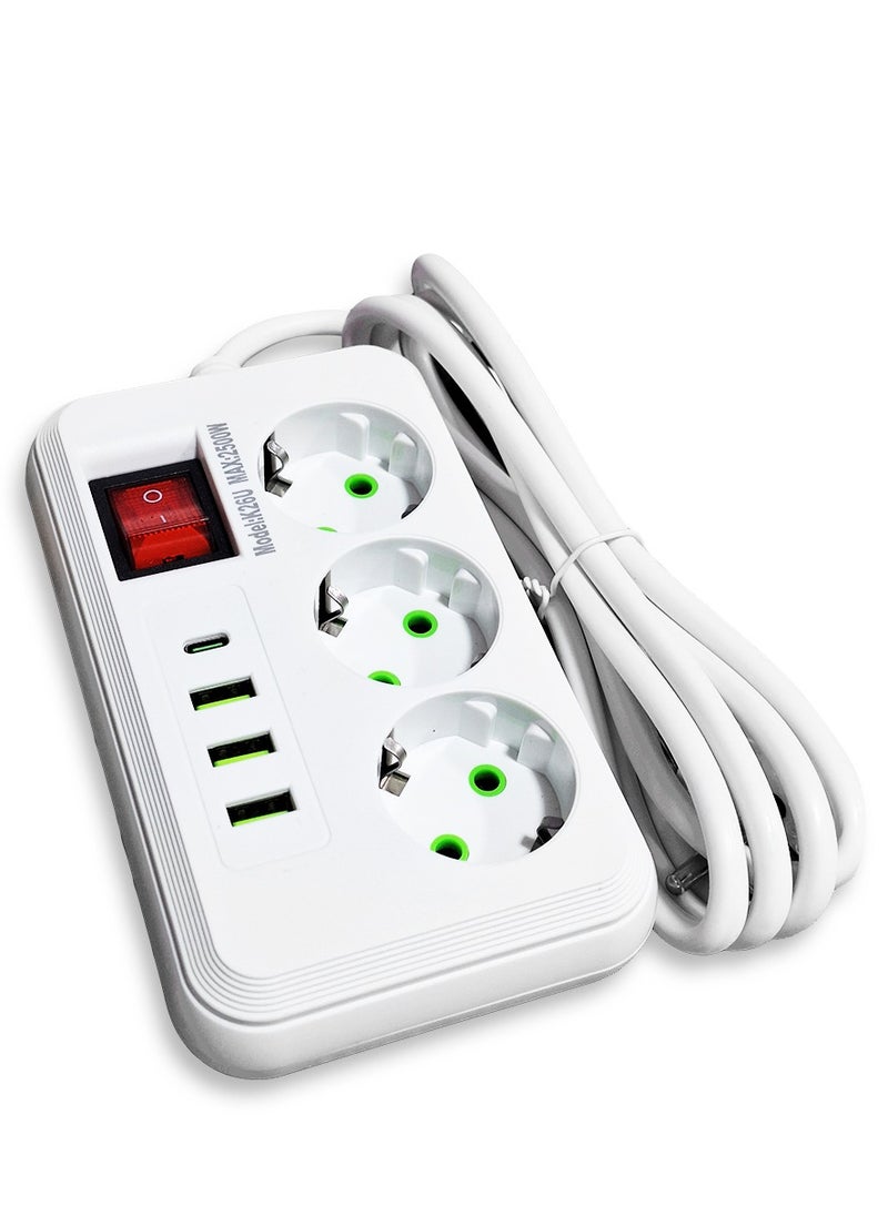Generic K26U Safe Power Strip, 2500W Multi-Outlet Extension with 3 Power Outlets, 3 USB Ports, and a Type-C Port, Fast Charging and Surge Protection, Stylish and Safe Design in White, Ideal for Home and Office  - Image 2