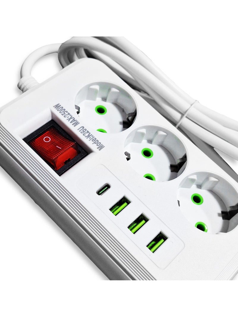 Generic K26U Safe Power Strip, 2500W Multi-Outlet Extension with 3 Power Outlets, 3 USB Ports, and a Type-C Port, Fast Charging and Surge Protection, Stylish and Safe Design in White, Ideal for Home and Office  - Image 3