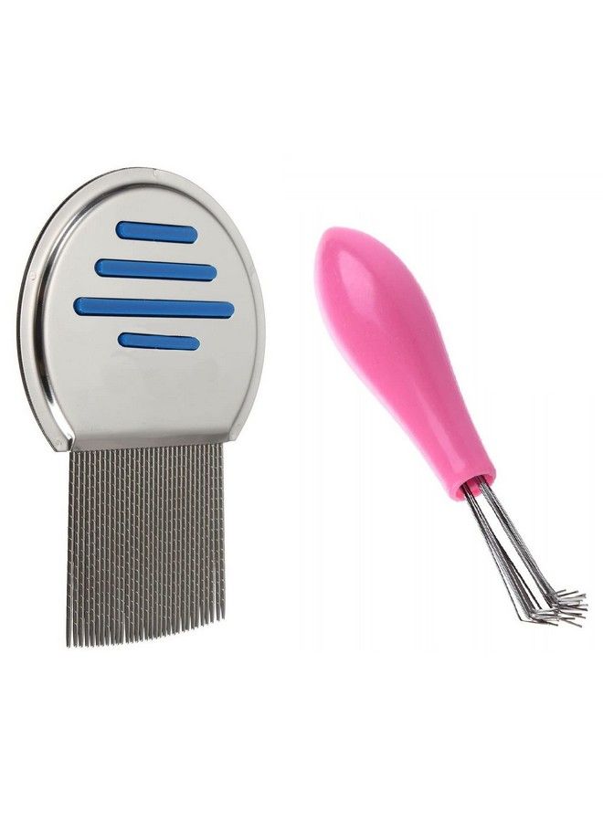 Alexvyan 2 Pcs Combosilver Nit Comb For Head Lice Treatment Removes Nits & Hair Brush Rake Hairbrush Cleaner Of Metal Wire With Handle For Home And Salon - Image 2