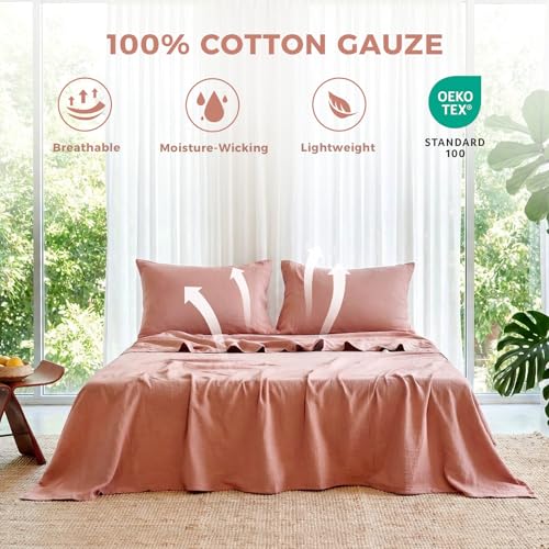 LUTBM King Sheet Set 100% Cotton Bed Sheets Gauze 4 Pcs Mocha Brown Muslin King Sheets Set 16" Deep Pocket Sheet & Pillowcase Sets Breathable Boho Soft All Season Bedding Sets - Image 2