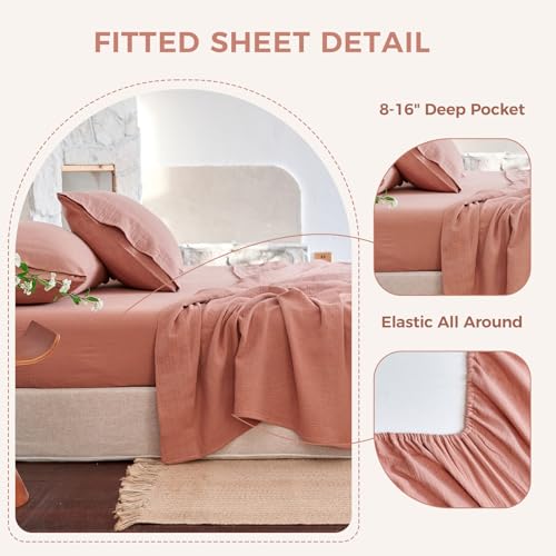 LUTBM King Sheet Set 100% Cotton Bed Sheets Gauze 4 Pcs Mocha Brown Muslin King Sheets Set 16" Deep Pocket Sheet & Pillowcase Sets Breathable Boho Soft All Season Bedding Sets - Image 3