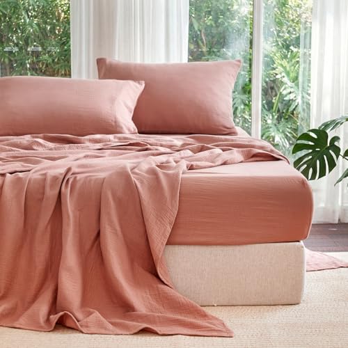LUTBM King Sheet Set 100% Cotton Bed Sheets Gauze 4 Pcs Mocha Brown Muslin King Sheets Set 16" Deep Pocket Sheet & Pillowcase Sets Breathable Boho Soft All Season Bedding Sets - Image 5