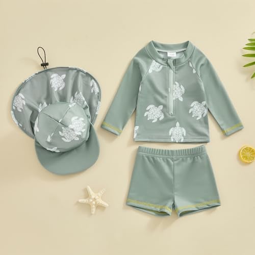 DuAnyozu Baby Boys Swimsuit Long Sleeve Rash Guard Swimwear Baby Boy Swim Trunk with Hat Set 3-Piece Toddler Bathing Suit (Green, 6-12 Months) - Image 2