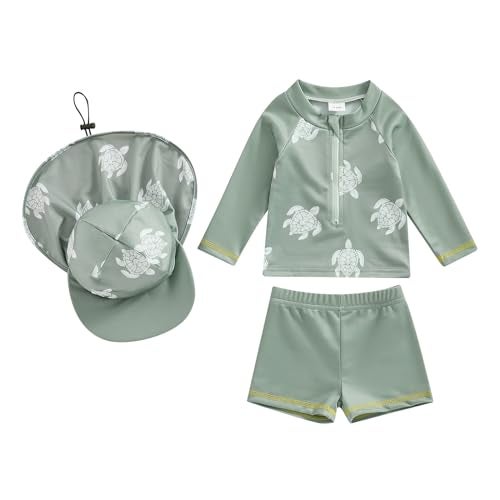 DuAnyozu Baby Boys Swimsuit Long Sleeve Rash Guard Swimwear Baby Boy Swim Trunk with Hat Set 3-Piece Toddler Bathing Suit (Green, 6-12 Months) - Image 1