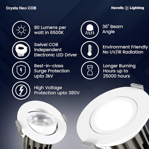 Havells Crysta NEO Swivel COB Spotlight 15W 3K Ceiling Light Energy Efficient Beam Angle of 36° Long Life of 25000 Burning Hours Metal Body COB,Aluminum DIE CAST,80 Lumen Per Watt 6500K - Image 4