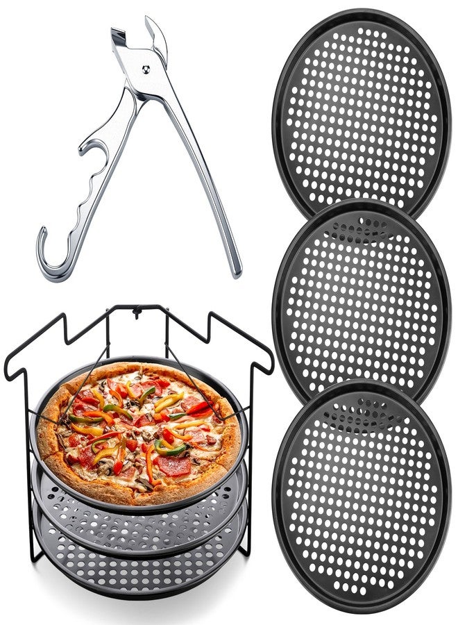Maxdot 5 Pcs Pizza Baking Tray Set 3 Pcs 12.6" Perforated Pizza Pans with Holes 1 Folding Pizza Rack Non Stick Pizza Stand 1 Pizza Pan Gripper for Oven Grill Baking Accessories Home Restaurant Party - Image 1