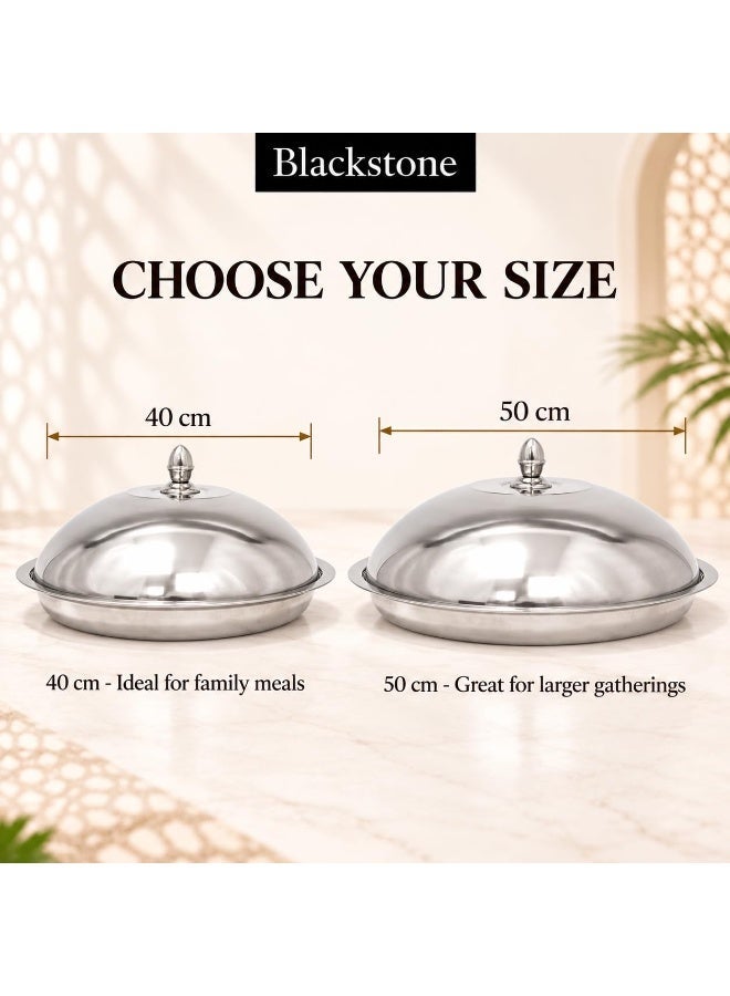 BLACKSTONE Qouzi Serving Dish 40cm with Lid, Stainless Steel Mandi Biryani Rice Serving Tray, Large Round Food Serving Platter for Family Meals & Gatherings - Image 5