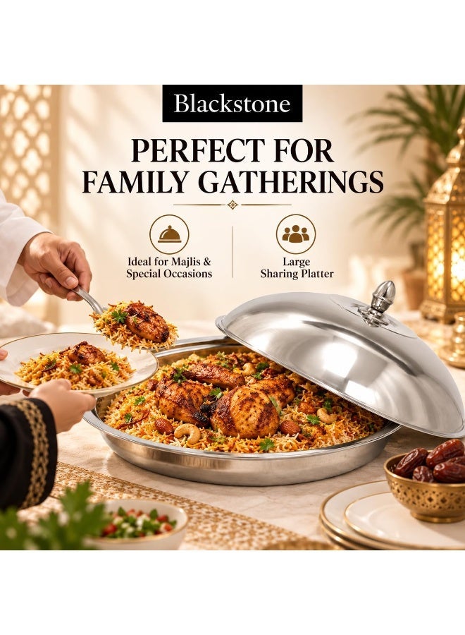 BLACKSTONE Qouzi Serving Dish 40cm with Lid, Stainless Steel Mandi Biryani Rice Serving Tray, Large Round Food Serving Platter for Family Meals & Gatherings - Image 2