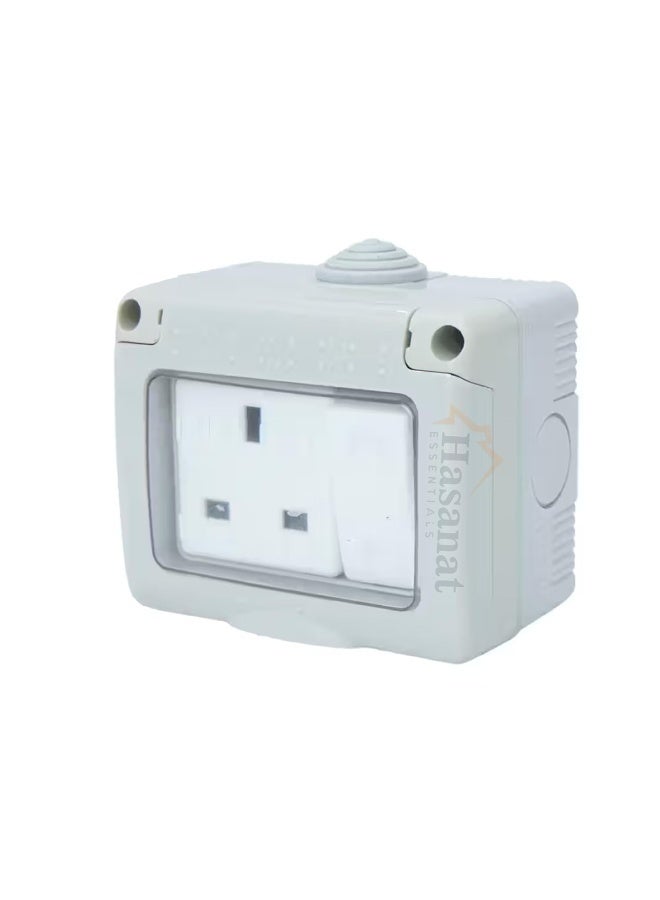 HASANAT ESSENTIALS مقبس مفتاح خارجي مقاوم للماء من حسنات إيسينشالز - تصنيف IP55، صندوق مثبت على السطح مقاوم للعوامل الجوية، تشطيب رمادي مقبس 13A (مقبس فردي UK-13A)