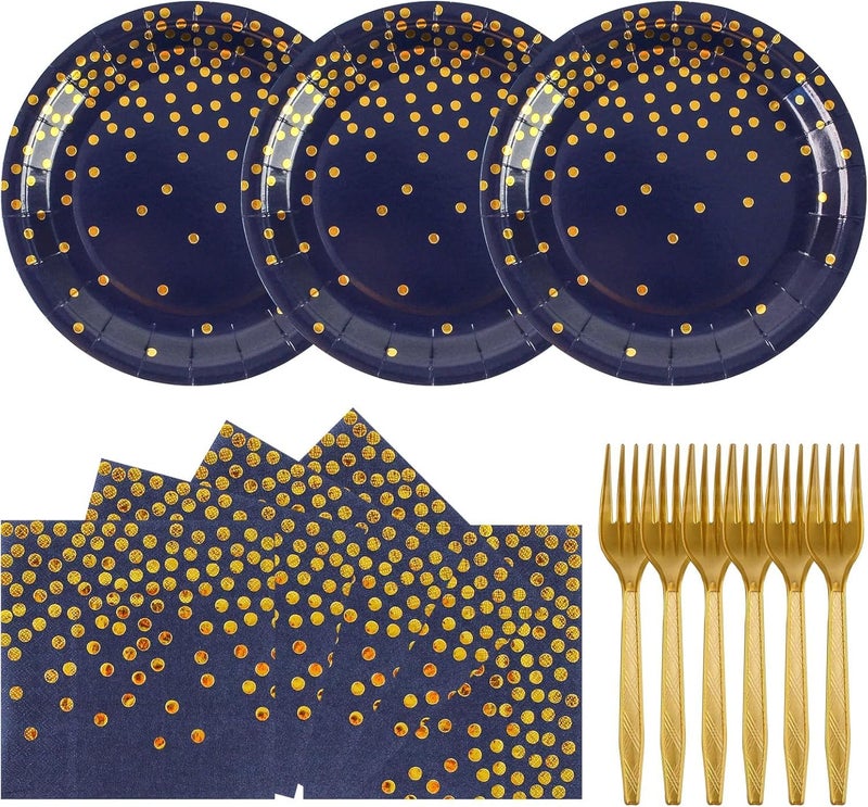 BOKFJBP 75PCS Paper Plates&Napkins Set  Blue Gold Dot Disposable Party Dinnerware 7In Dinner Plates 6.5In Napkins 6.3In Plastic Fork Tableware for Birthday Party Decoration 2025 New Year 25 Guests (Blue  7N) - Image 1