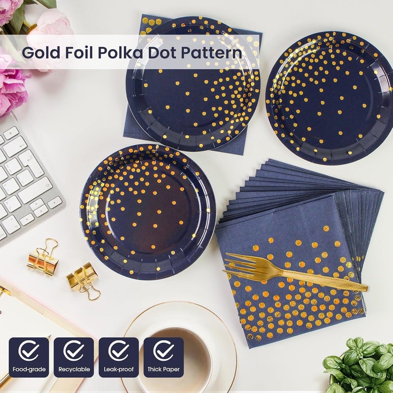 BOKFJBP 75PCS Paper Plates&Napkins Set  Blue Gold Dot Disposable Party Dinnerware 7In Dinner Plates 6.5In Napkins 6.3In Plastic Fork Tableware for Birthday Party Decoration 2025 New Year 25 Guests (Blue  7N) - Image 3