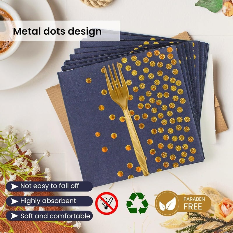 BOKFJBP 75PCS Paper Plates&Napkins Set  Blue Gold Dot Disposable Party Dinnerware 7In Dinner Plates 6.5In Napkins 6.3In Plastic Fork Tableware for Birthday Party Decoration 2025 New Year 25 Guests (Blue  7N) - Image 4