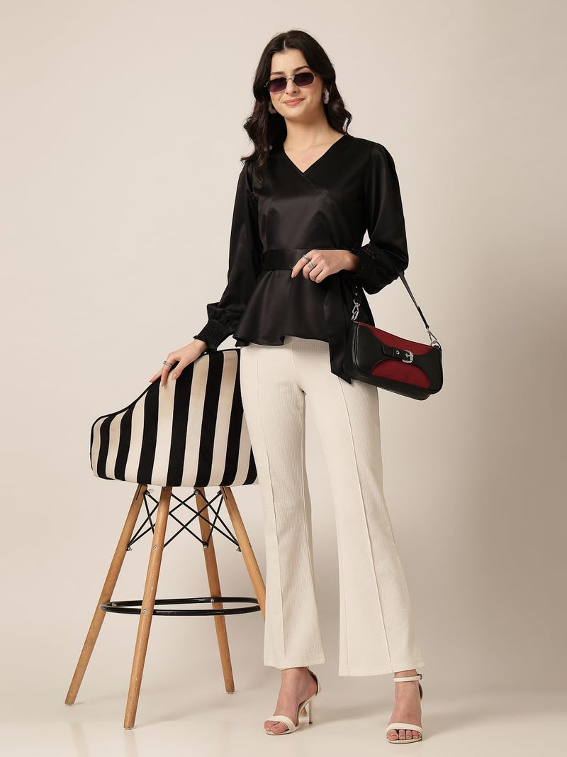 Style Quotient Women Solid Black Satin Regular Fit Smart Casual Top - Image 5