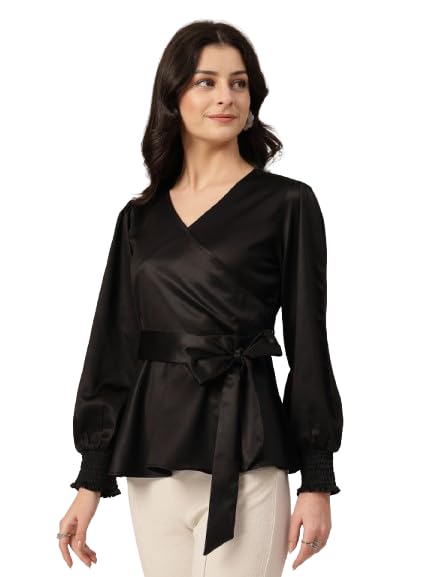 Style Quotient Women Solid Black Satin Regular Fit Smart Casual Top - Image 1