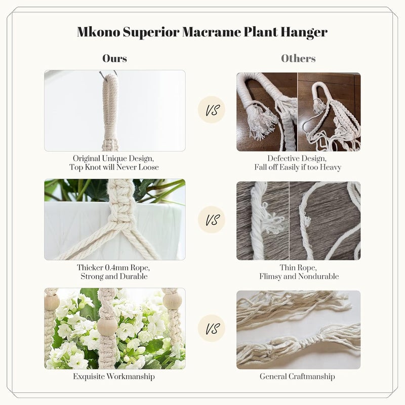 Mkono Macrame Plant Hanger Indoor Hanging Planter Basket with Wood Beads Decorative Flower Pot Holder No Tassels for Indoor Outdoor Boho Home Decor 35 Inch, Ivory, Set of 2 (POTS NOT Included) - Image 5